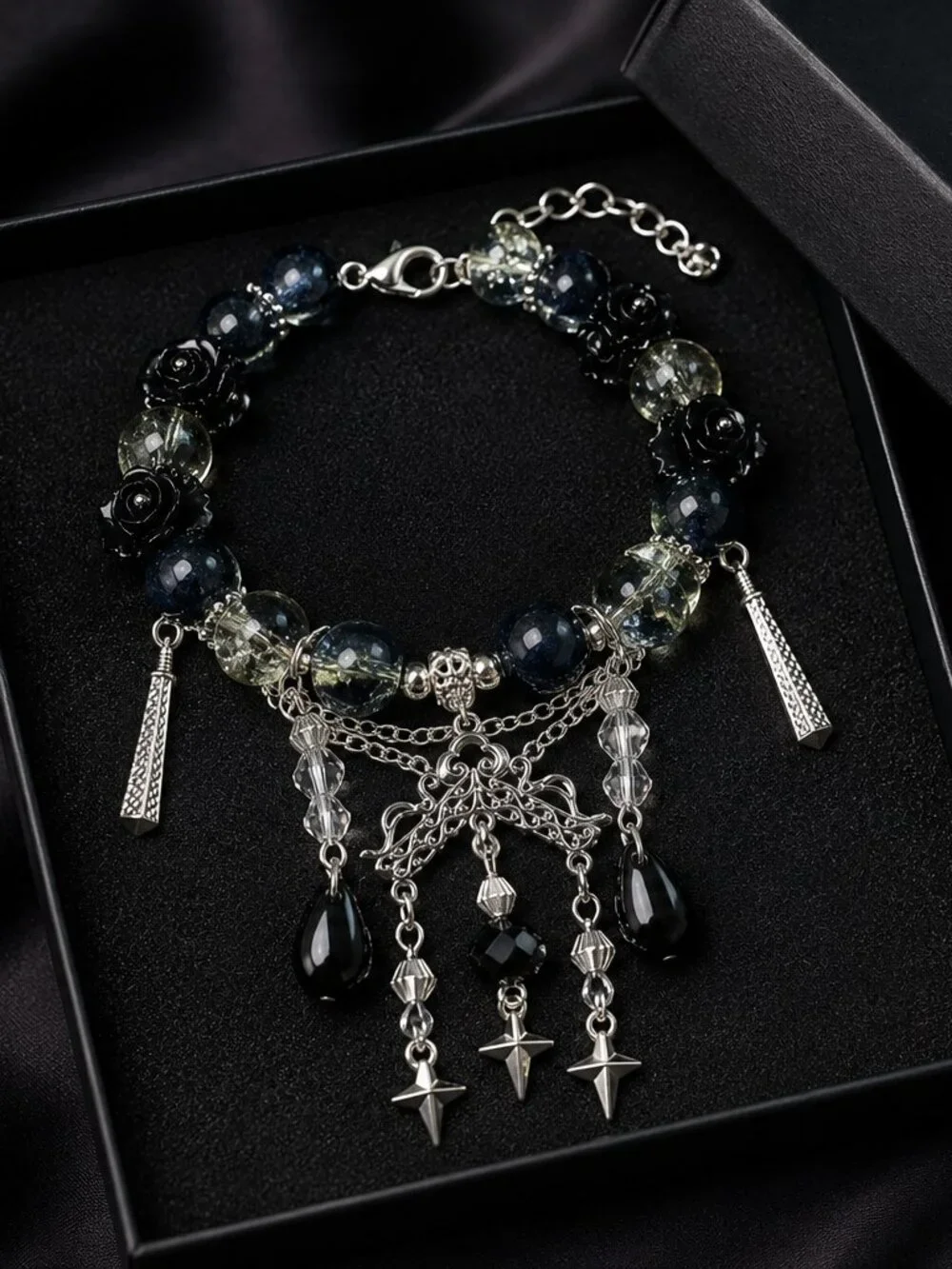 Statement Charm Bracelet Black Silver Beaded Gothic Boho Dangle Adjustable